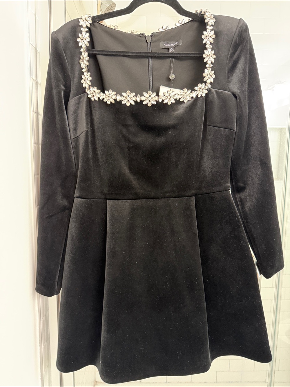 NADINE MERABI Black Velvet Long-Sleeve Jeweled Square Neck Dress